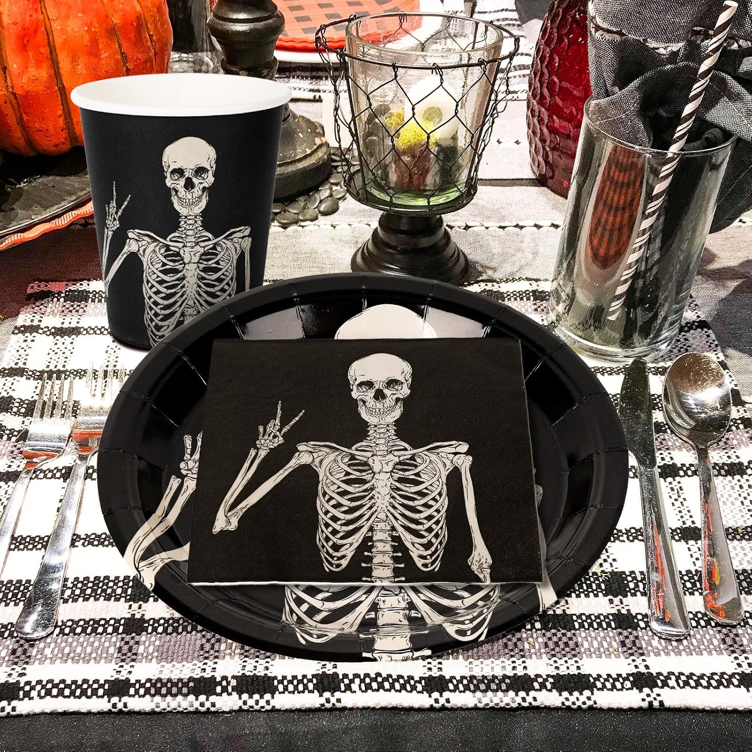 JarThenaAMCS Halloween Tableware Set Smiling Skeleton Disposable Party Supplies Black 9 &7 Inch Paper Plates 6.5 Inch Napkins Cups and Cutlery for 25 Guests