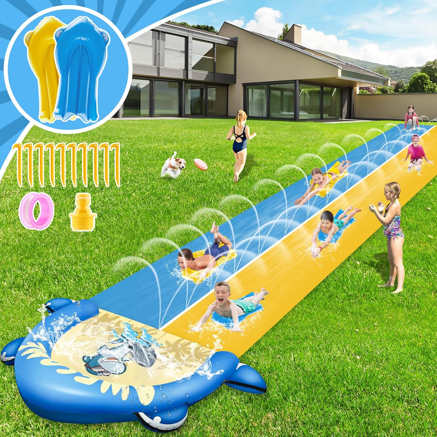 VEEST 30FT Extra Long Water Slide for Kids Adults, Giant Double Lawn Water Slip Heavy Duty with 2 Bodyboards, Summer Water Slide Toys with Crash Pad for Backyard Outdoor Dark Blue&yellow 30FT