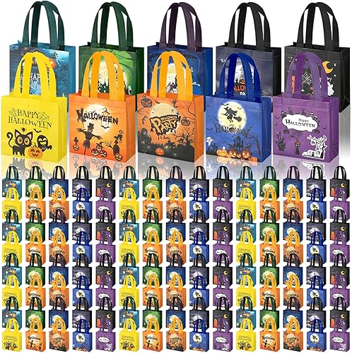 100 bolsas de Halloween para dulce o truco, bolsas de Halloween con asas, bolsas no tejidas de Halloween, bolsas de Halloween para envolver regalos,