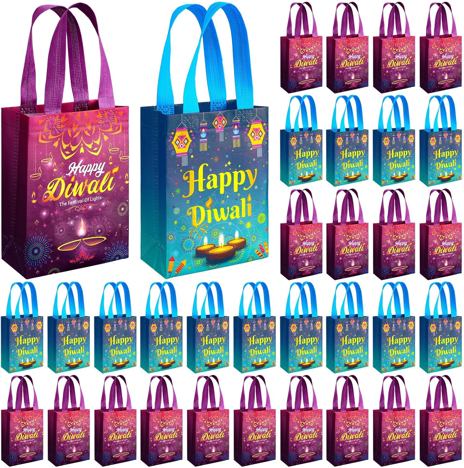 Windyun 48 Pcs Happy Diwali Gift Bags Non Woven Diwali Theme Party Gift Bag with Double Handles Favor Bags Tote for Festival of Lights Themed Party Treat Snacks Candy Favors Decorations