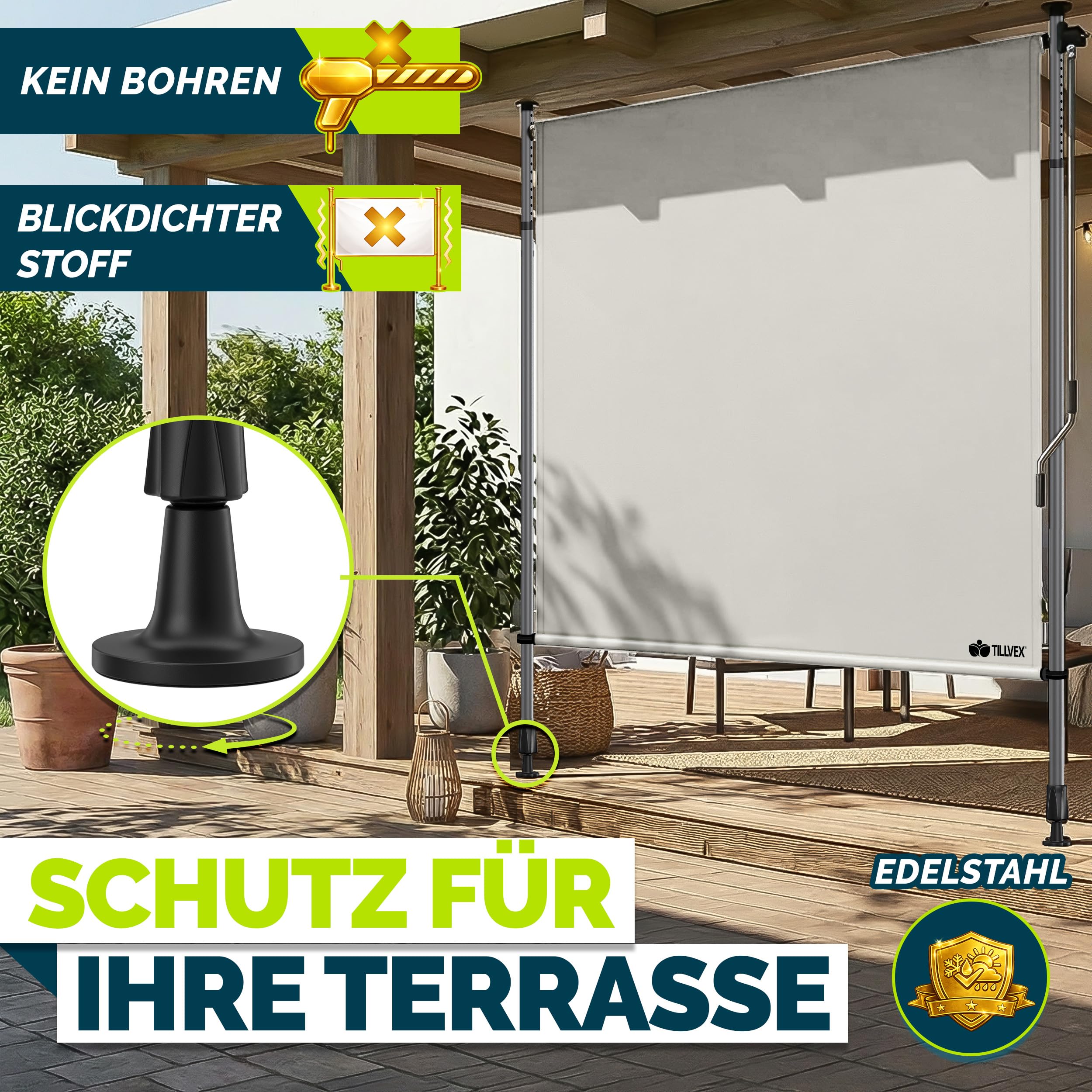 tillvex® Klemmmarkise Senkrechtmarkise mit Handkurbel ohne Bohren | Sichtschutz Ausziehbar & Blickdicht | Vertikalmarkise Balkon Terrasse Garten | Sichtschutzrollo Wetterfest (Beige, 100x310 cm)