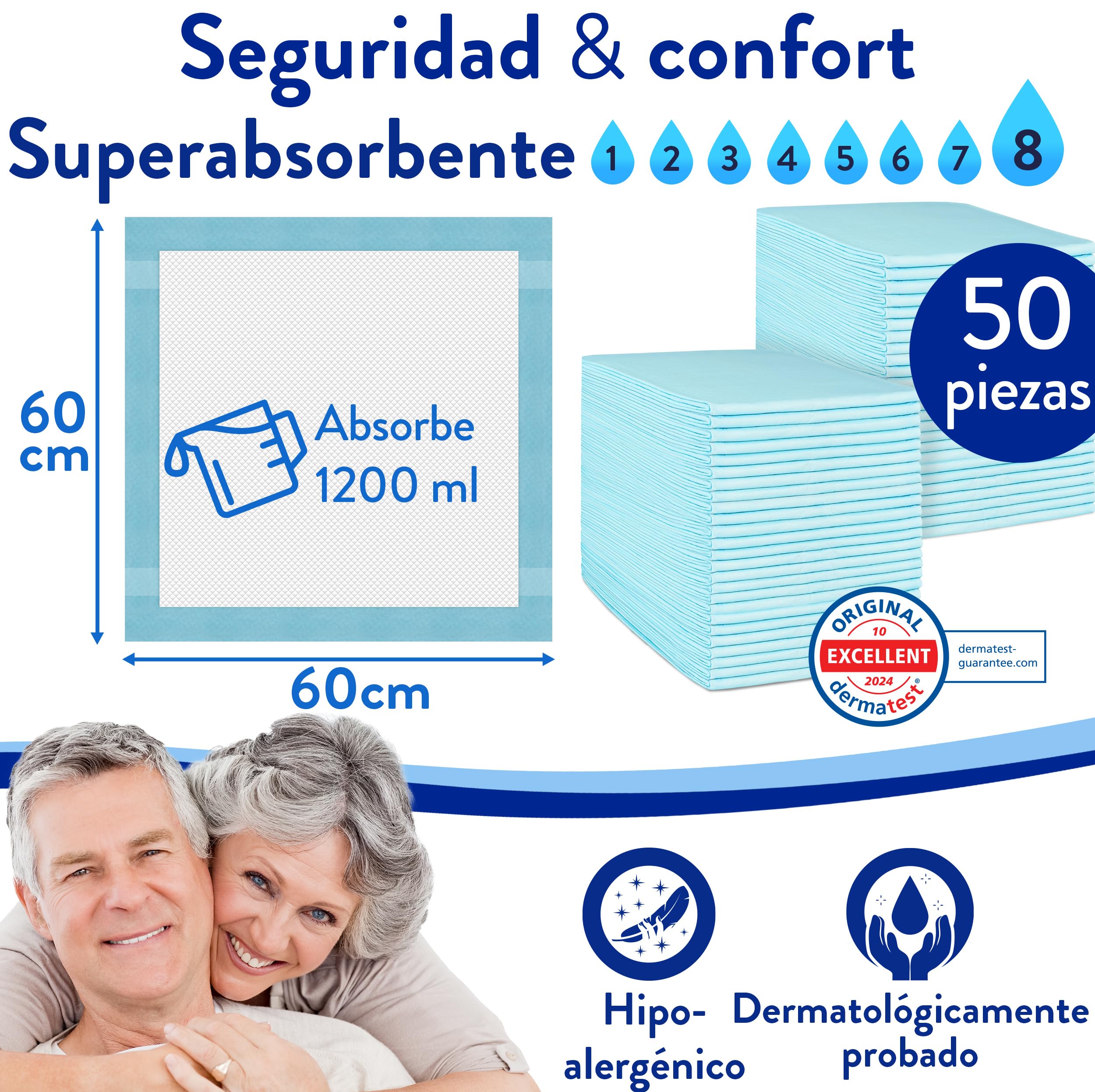 Harmony Care® 50 x Protectores de Cama con Tiras de fijación – 60 x 60 cm absorbentes – Almohadillas Antideslizantes Desechables para incontinencia