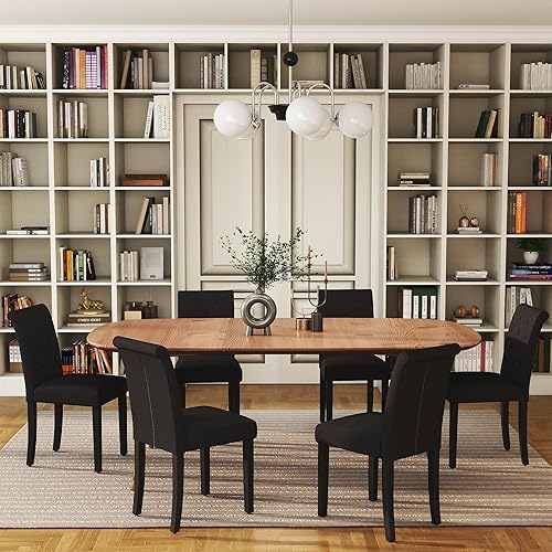 Miniatura 8 de thksbought Juego de 6 sillas de comedor tapizadas de tela con detalles de botones (juego de 6, color negro) Lino (carbón),Lino