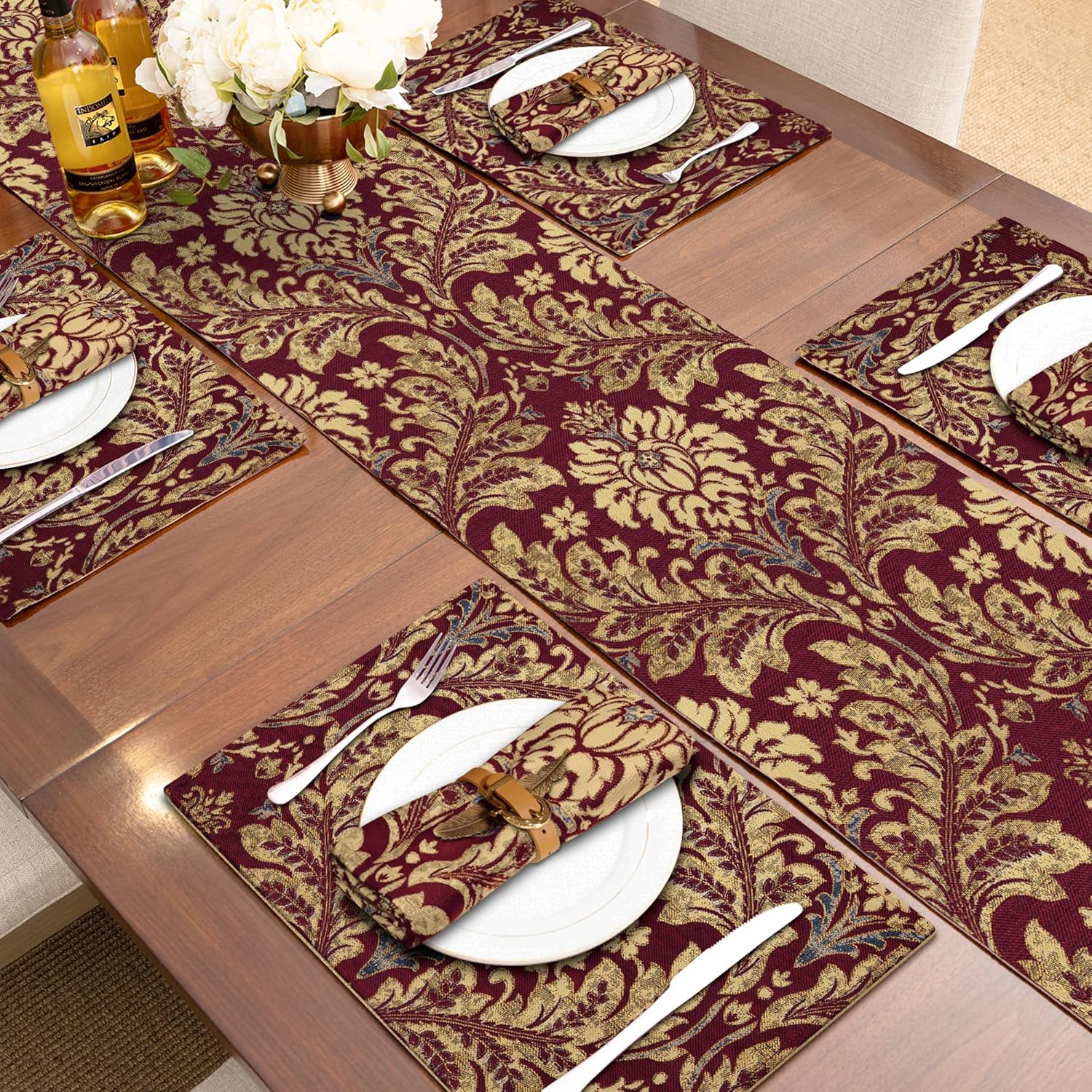 Loom and Mill Luxury Jacquard Table Runner 72 inches Long, Thick Fabric Damask Dining Table Runners with Beads & Tassels for Holiday Table Setting Kitchen Dresser Party Decor(Burgundy Red,13”x 72”)