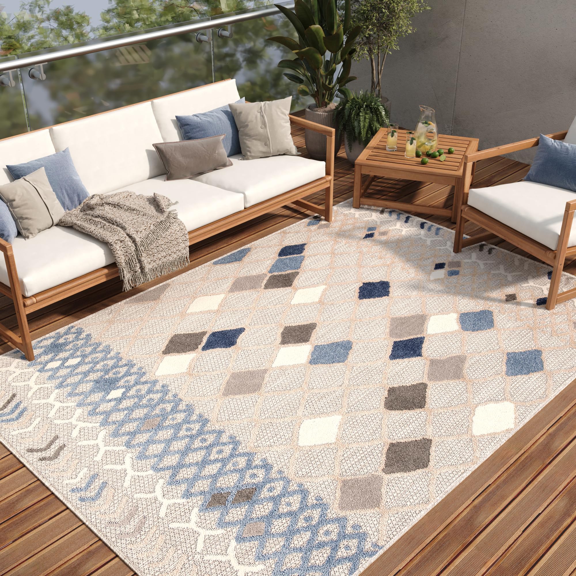 TAPISO Patio dywan tarasowy, mata do kuchni, salonu, na zewnątrz, nowoczesne wzornictwo, 3D karo, niebieski, beżowy, jasnoszary, kremowy, marokański wzór, sizal, wytrzymały 120 x 170 cm