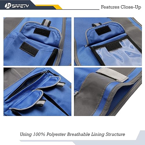 Miniatura 4 de JKSafety - Chaleco de seguridad azul con 10 bolsillos, cierre frontal y tiras altamente reflectantes, cumple con las normas ANSIISEA (L, 88-azul)