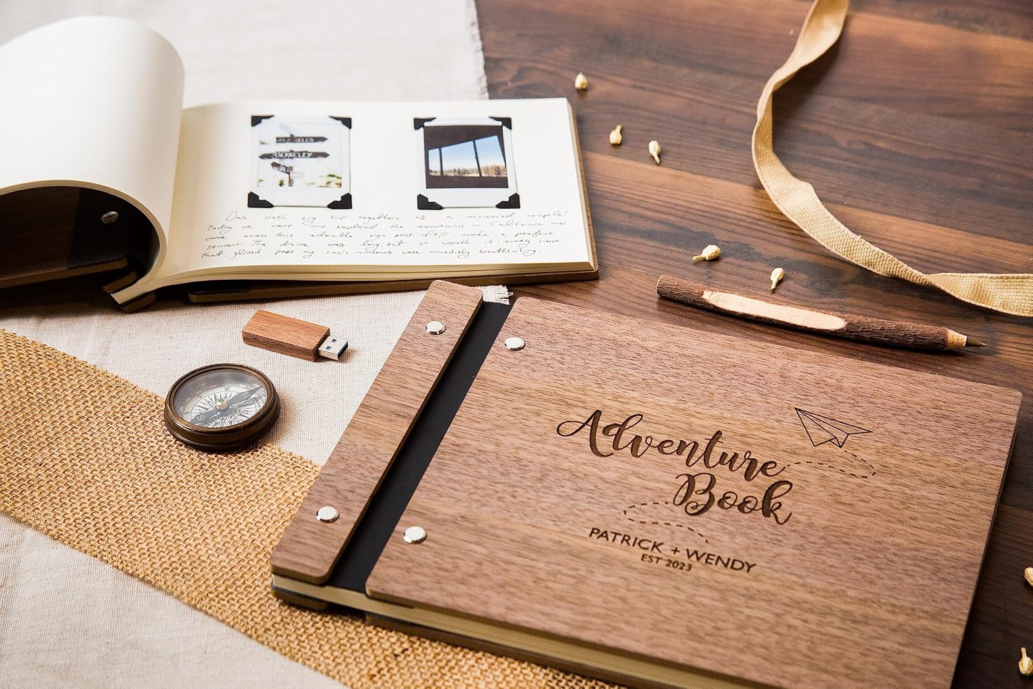 MUUJEE Engraved Wood Cover Adventure w/Photo Corner Stickers - DIY Couples Travel Scrapbook with Blank Pages & Photo Corner Stickers, Wedding or Engagement Gift for the Couple