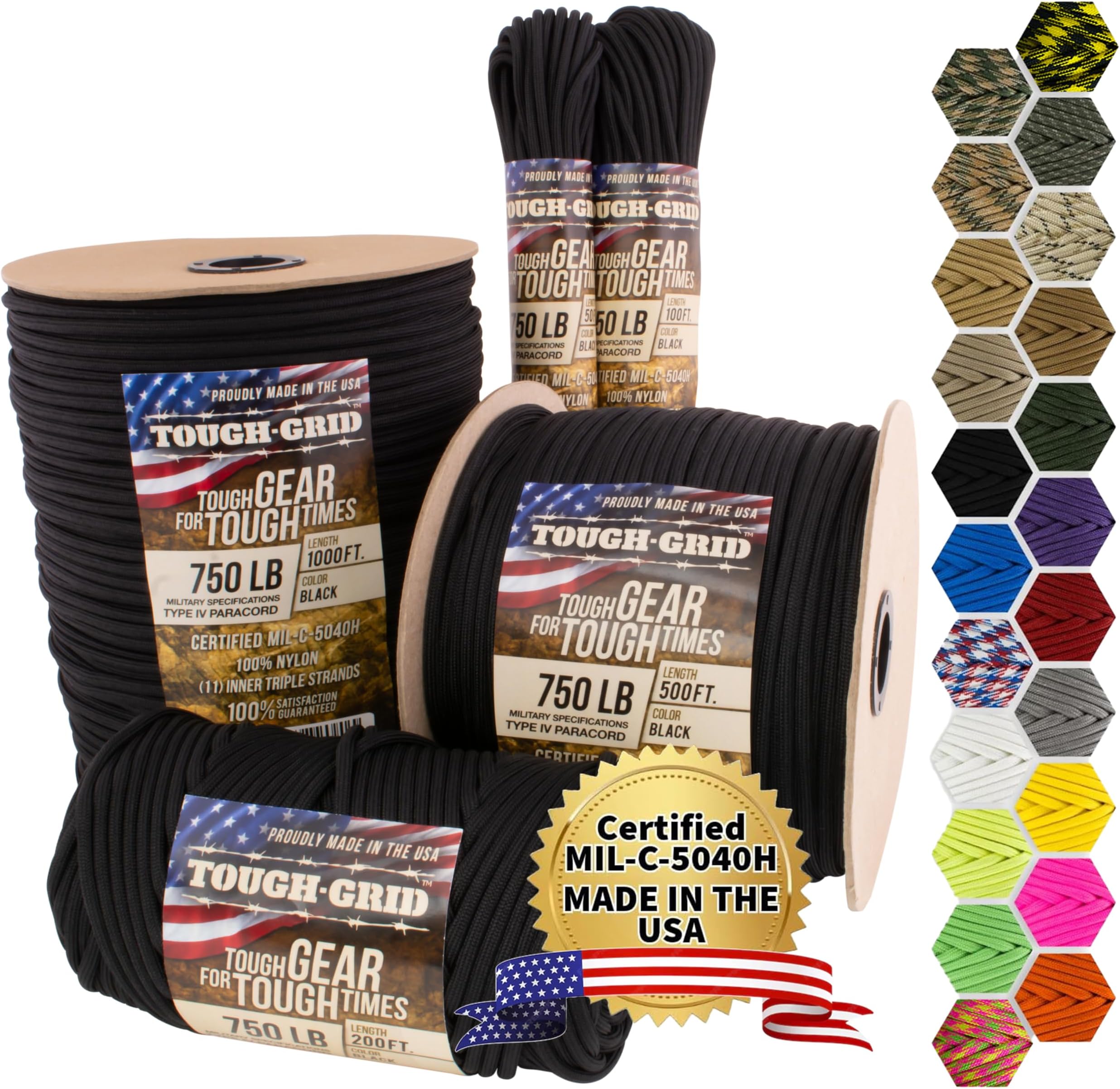 TOUGH-GRID 750 Paracord Military Grade Nylon Rope - Type IV Mil-Spec Made in USA - Tactical Survival Cord