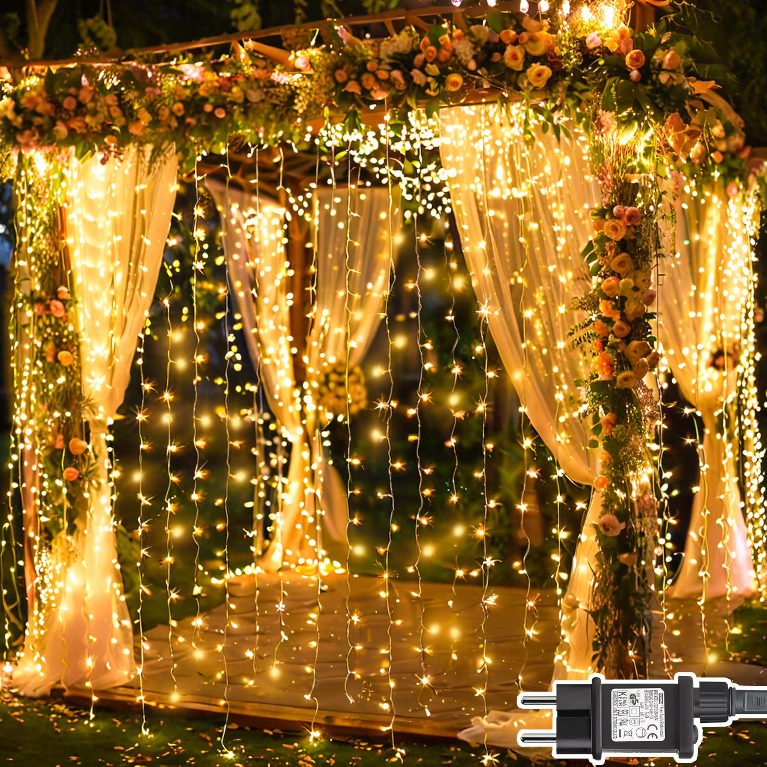 Dekofun 300 LEDs Cortina de Luces 3m x 3m Guirnaldas Luces Exterior con Enchufe, 8 Modos Impermeable Cortinas Exterior con Temporizador para Boda, Fiesta, Ventana, Balcón Decoración - Blanco Cálido