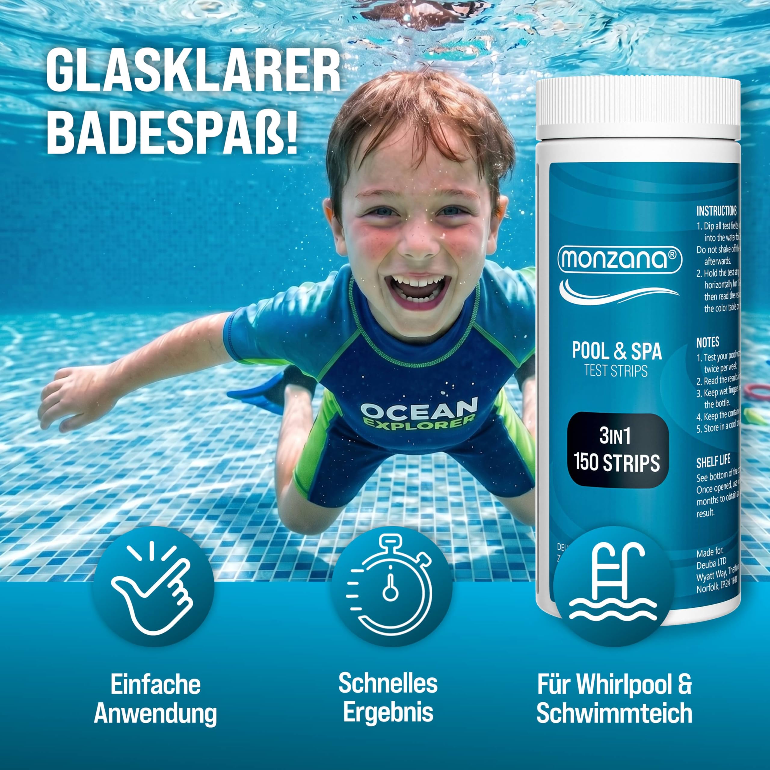 MONZANA® Dosierschwimmer Pool für 20-200g Tabletten inklusive 150 3in1 Teststreifen Klein Groß UV- Resistent Chlor Schwimmer Dosierer mit Thermometer