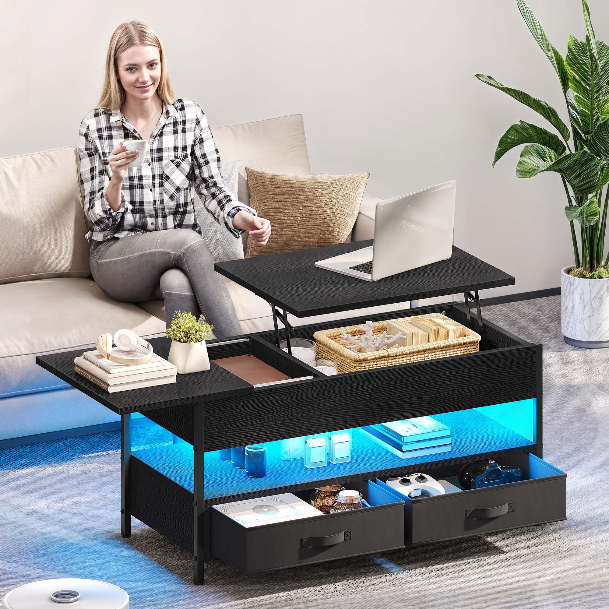 YITAHOME Table Basse Relevable, Table Basse Salon Noir avec Ruban LED RGB et 2 Tiroirs, 106 x50x51,5cm, avec Plateau élévateur et Rangement Caché, Idéal pour Le Salon