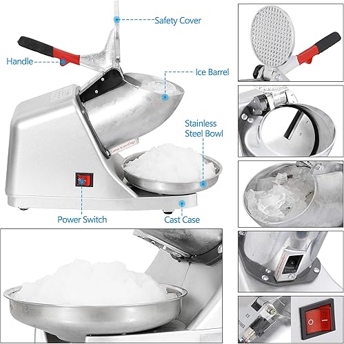 Miniatura 3 de Trituradora de hielo eléctrica de 300 W, 2000 rmin, 143 libras, máquina de hielo afeitado de acero inoxidable, máquina de cono de nieve para uso