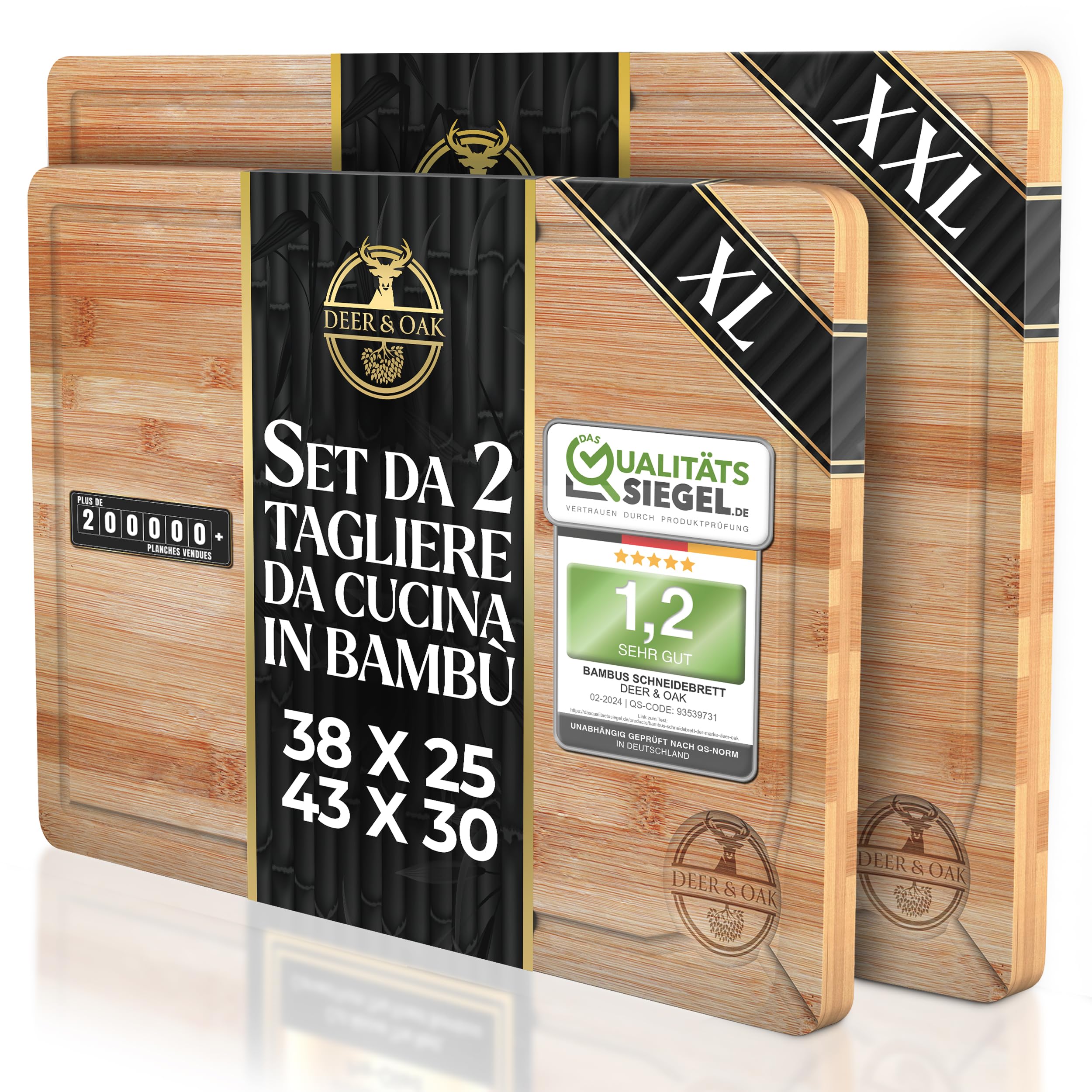 Deer & Oak Set di Tagliere in legno di alta qualità, 38 x 25 x 2 cm & 43 x 30 x 2 cm, in bambù, per intagliare carne o verdure, taglieri da cucina pre-oliato, trattato, legno attraente