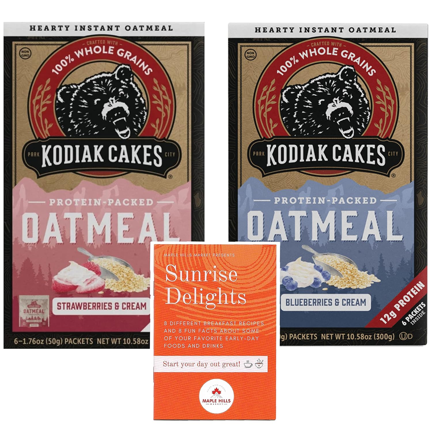 Kodiak Cakes Protein-Packed Oatmeal Variety Bundle With 2 Flavors - 1 box of Strawberries and Cream and 1 box of Blueberries and Cream - Includes Free Recipes and Fun Facts Booklet Sunrise Delights!