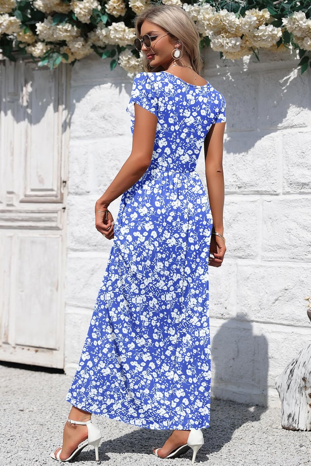 AUSELILY Women's Maxi Dresses with Pockets Petal Short Sleeve Square Neck Casual Long Dress 2026