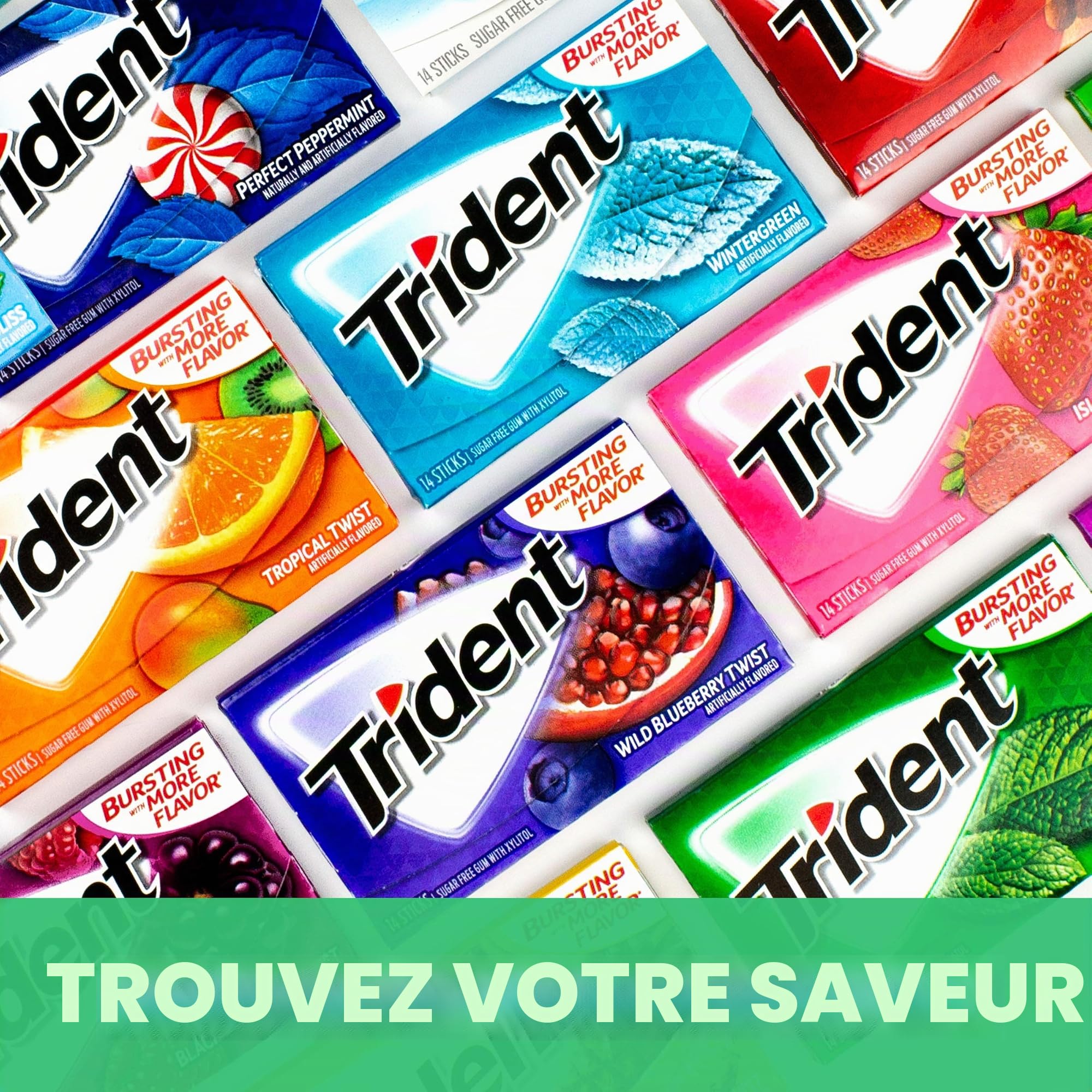 Trident Gomme à mâcher sans sucre à la menthe verte, menthe verte, 12 paquets de 14 (168 au total)