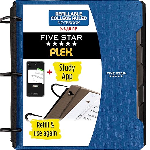 Five Star Flex Refillable Notebook + Study App, College Ruled Paper and 1-1/2 Inch TechLock Ring Binder with Pockets, Tabs and Dividers, 300 Sheet Capacity, Pacific Blue (29324AD2)