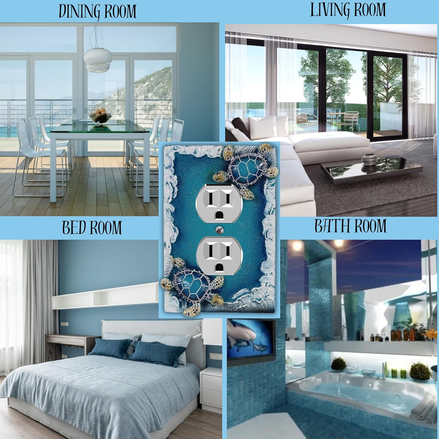 Nautical Duplex Outlet Receptacle (1 Gang) Wall Plate with Sea Turtle and Ocean Waves Design, Coastal Home Décor and Beach Theme Outlet Cover