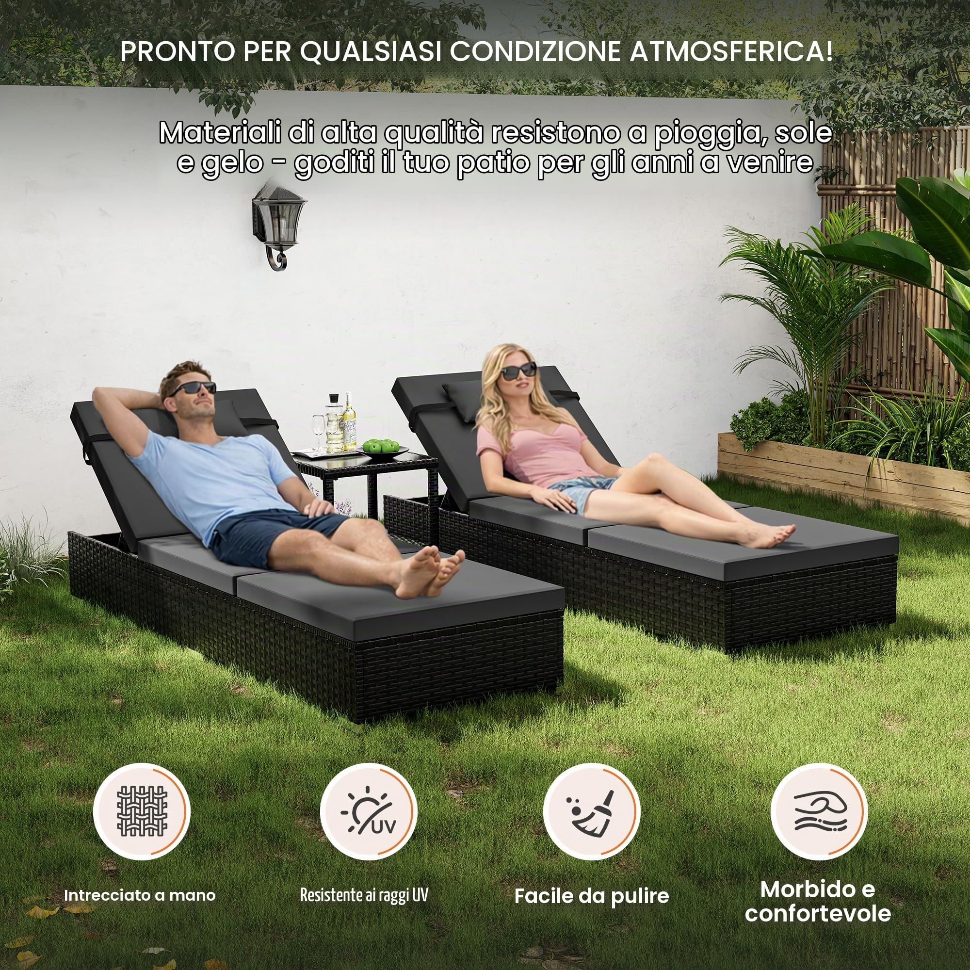 UDPATIO Set di 3 Lettino Prendisole, Poly Rattan, con Cuscino Testa e Tavolo, 5 Regolazioni, Lettini Prendisole da Giardino Impermeabili, per Esterno, Jardín, Patio (Nero)