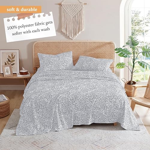 Miniatura 7 de Indigo Ink - Juego de sábanas tamaño Queen, ropa de cama bohemia con estampado de damasco floral de 4 piezas, suave y resistente a las arrugas