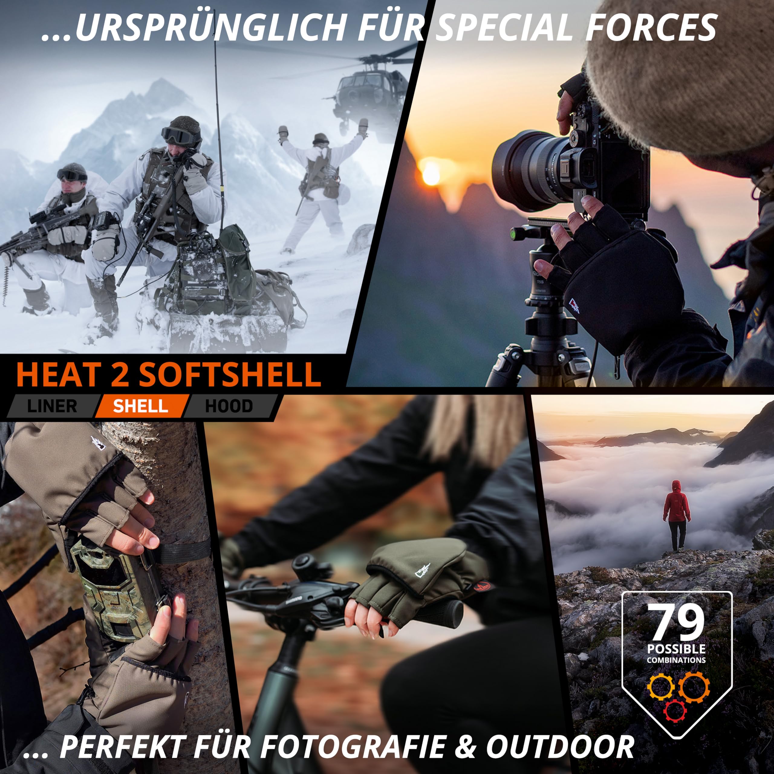 THE HEAT COMPANY - Heat 2 Softshell - Fingerloser Handschuh und Fäustling in einem - Premium Qualität - warme Winterhandschuhe & Fahrradhandschuhe - gegen Kälte bei Sport, Arbeit & Outdoor