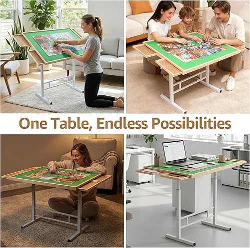 Vista 24 de Fanwer Mesa de rompecabezas de 1500 piezas con patas, ajuste de ángulo y altura con 4 cajones y cubierta de madera, tablero de rompecabezas