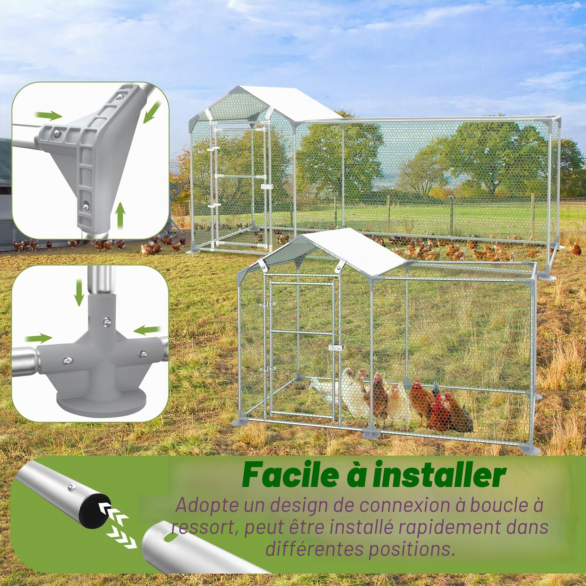 Poulailler 3 x 1 m - Enclos extérieur lapins en acier galvanisé - Volière d'extérieur avec porte et bâche d'ombrage en polyéthylène pour poules et petits animaux - 3 m²