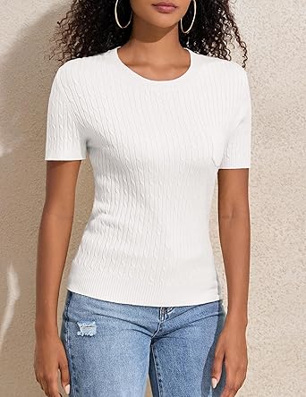 PrettyGuide Women's Cable Knit Sweater - Short Sleeve Lightweight Knit Top With Pocket