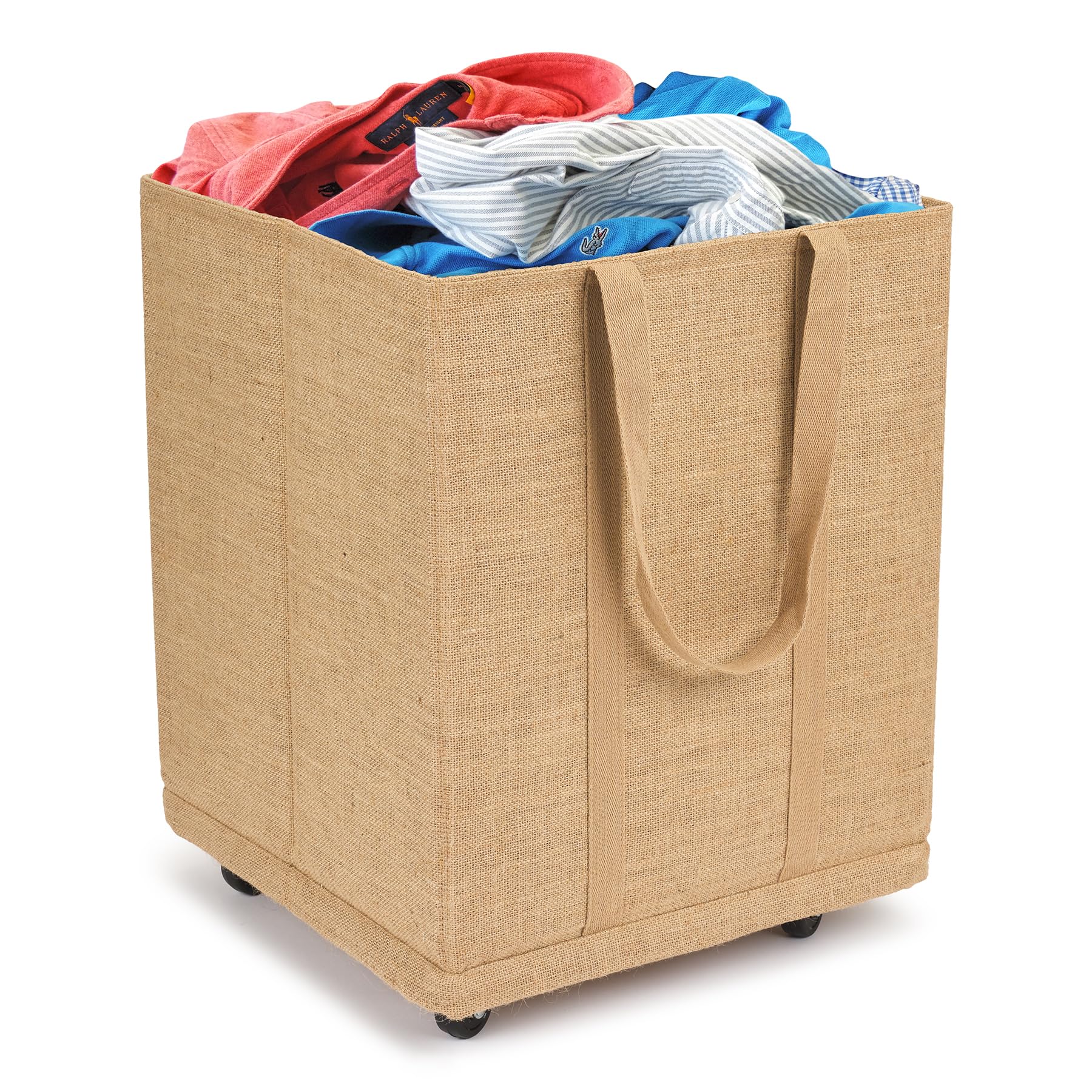 Cesta de tela de yute natural con ruedas giratorias, 45 x 45 x 50 cm, 100 litros, bolsa para troncos, Rengement en casa