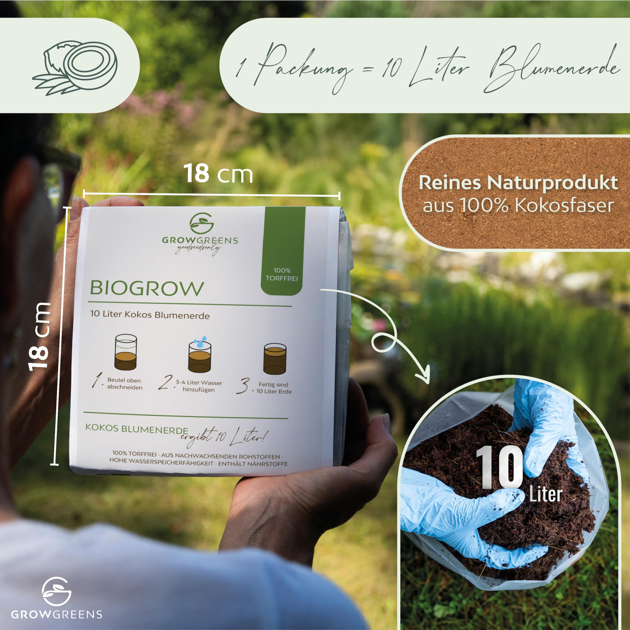 Bio Kokoserde gepresst im Quellbeutel - Biologisch abbaubare, torffreie Anzuchterde aus 100% Kokosfasern (10 Liter, 1 Stück)