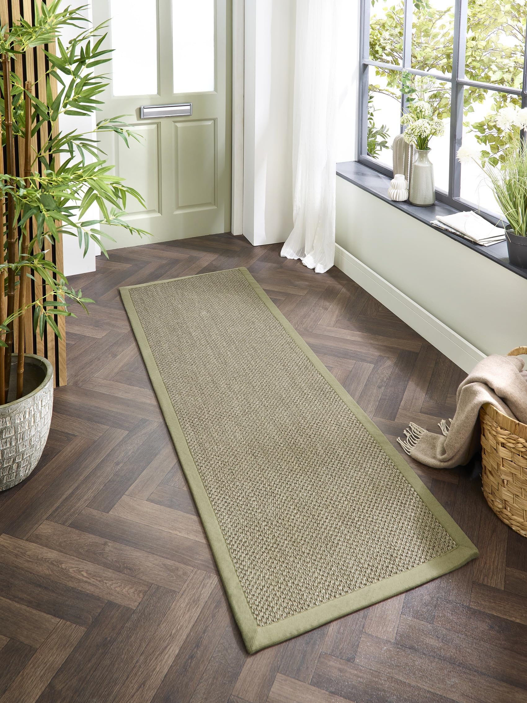 Lord of Rugs Sisal Area Rug with Hand Stitched Border, Non-Slip Durable Natural Modern Bordered Carpet for Living Room, Hallway Flatweave Rug Sage Green/Sage Border, Runner 67 x 300 cm (2'3"x10')