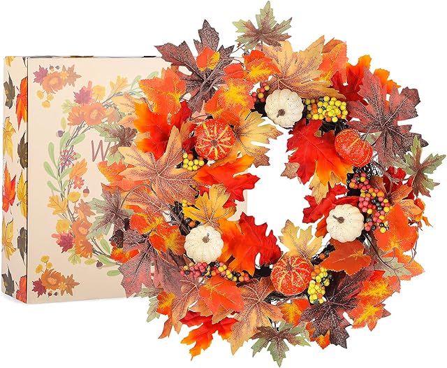 20" Artificial Fall Wreath, Halloween Autumn Simulation Wreath for Front Door, Thanksgiving Wreath with Pumpkin, Maple Leaves, Pine Cone Berries for Hanging Ornament Indoor or Outdoor Decoration