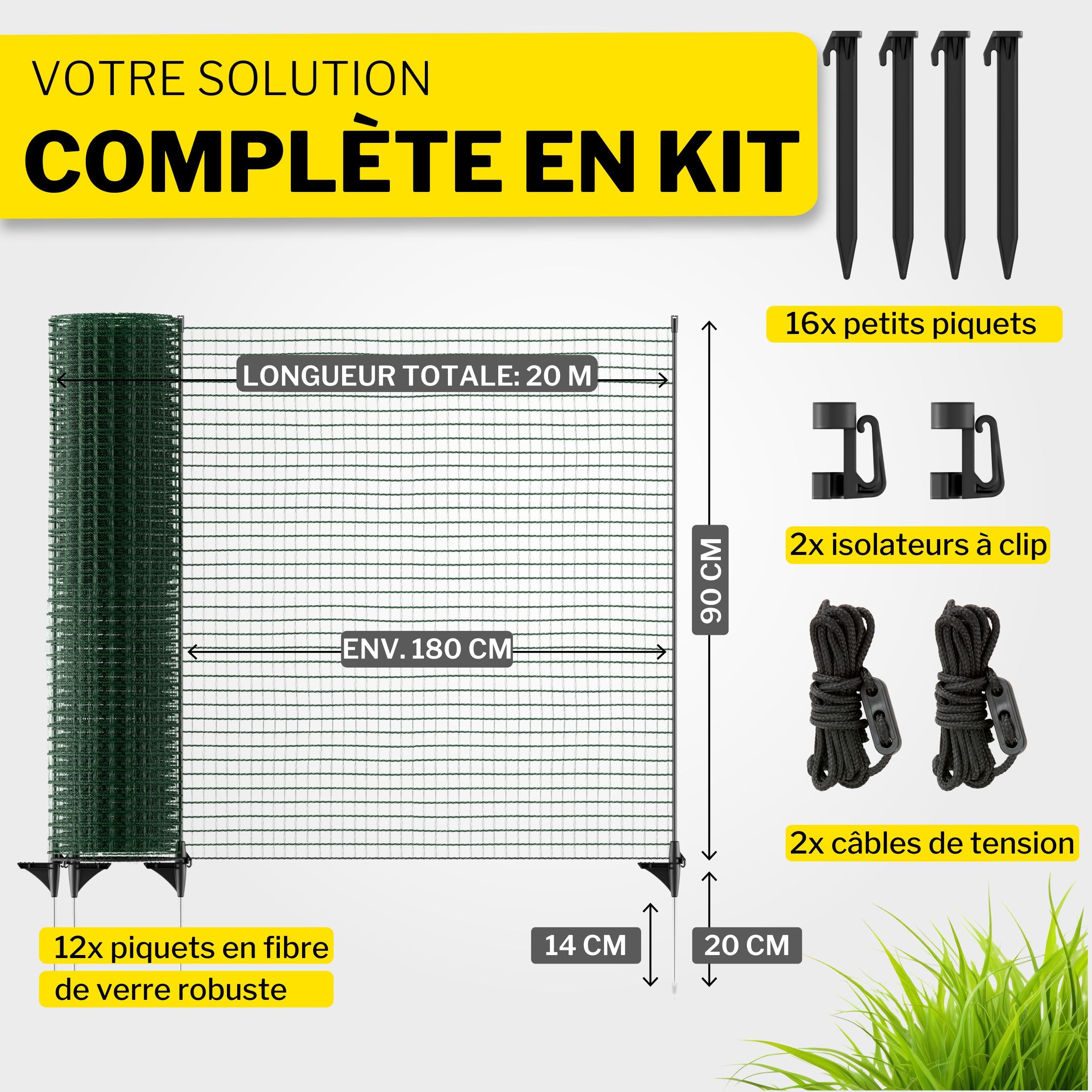 horizont clôture jardin FIX 20 m x 90 cm à mailles serrées avec 12 piquets – clôture chien, clôture amovible jardin, filet poule, barrière jardin, clôture potager, filet clôture chien