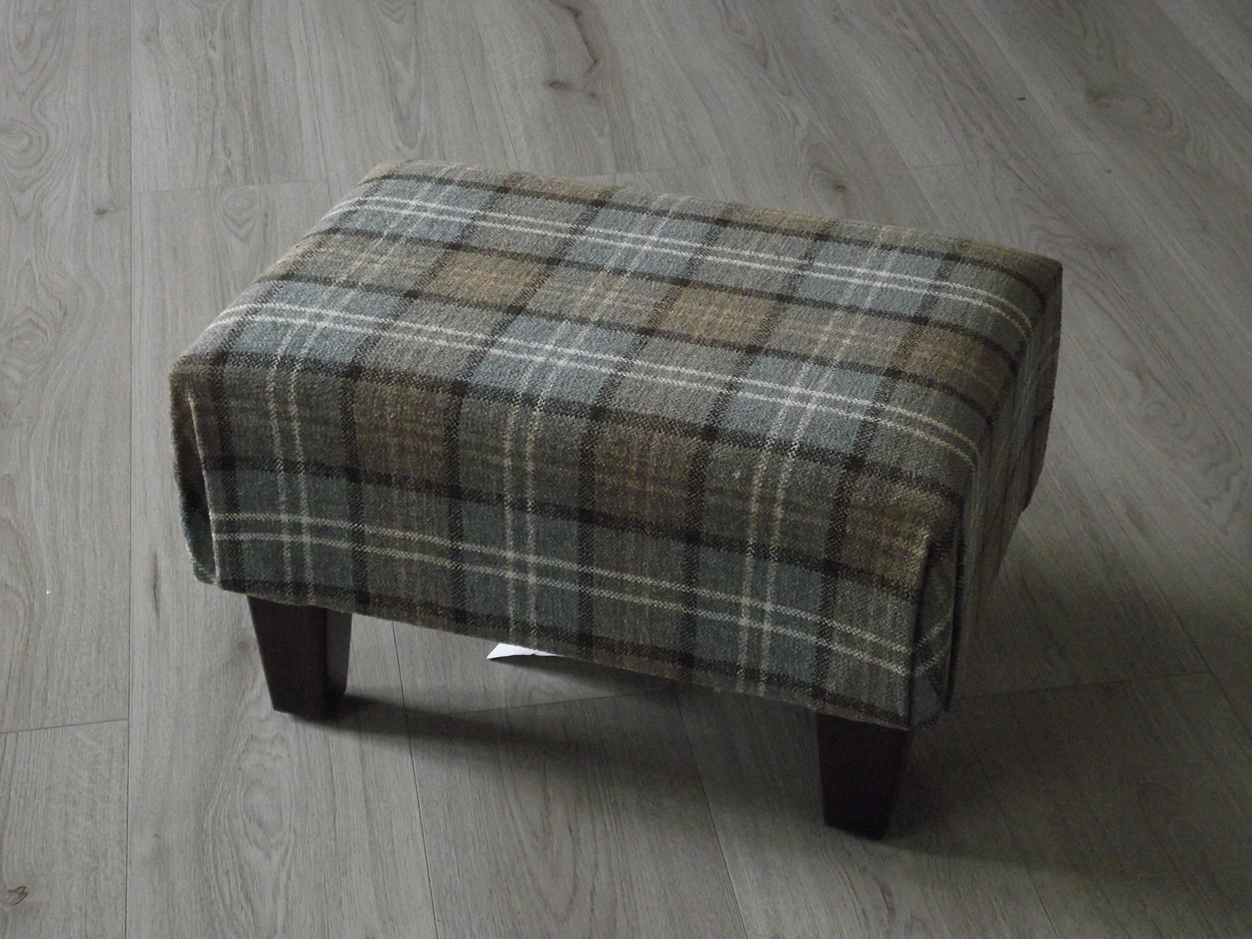 Luxury Large footstool in Cristina marone lana pale green tartan with dark wood block style legs, ideal for putting your feet up and solid enough to sit on.