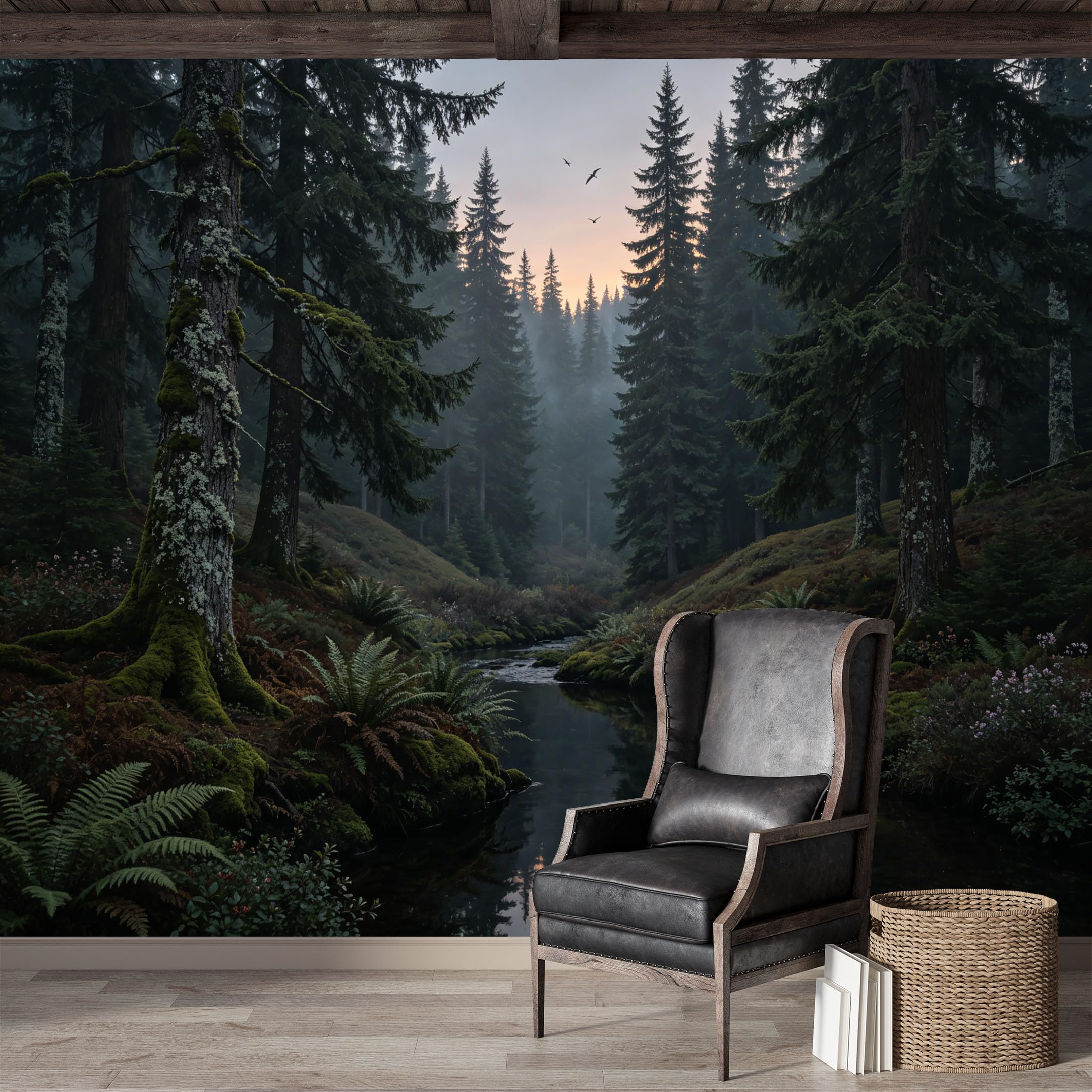Custom Size Wall Mural,Moody Forest Creek Landscape Nature Mist Panoramic Premium Water Activated SelfAdhesive Wallpaper,Removable Wall Covering for Indoor Home Decor
