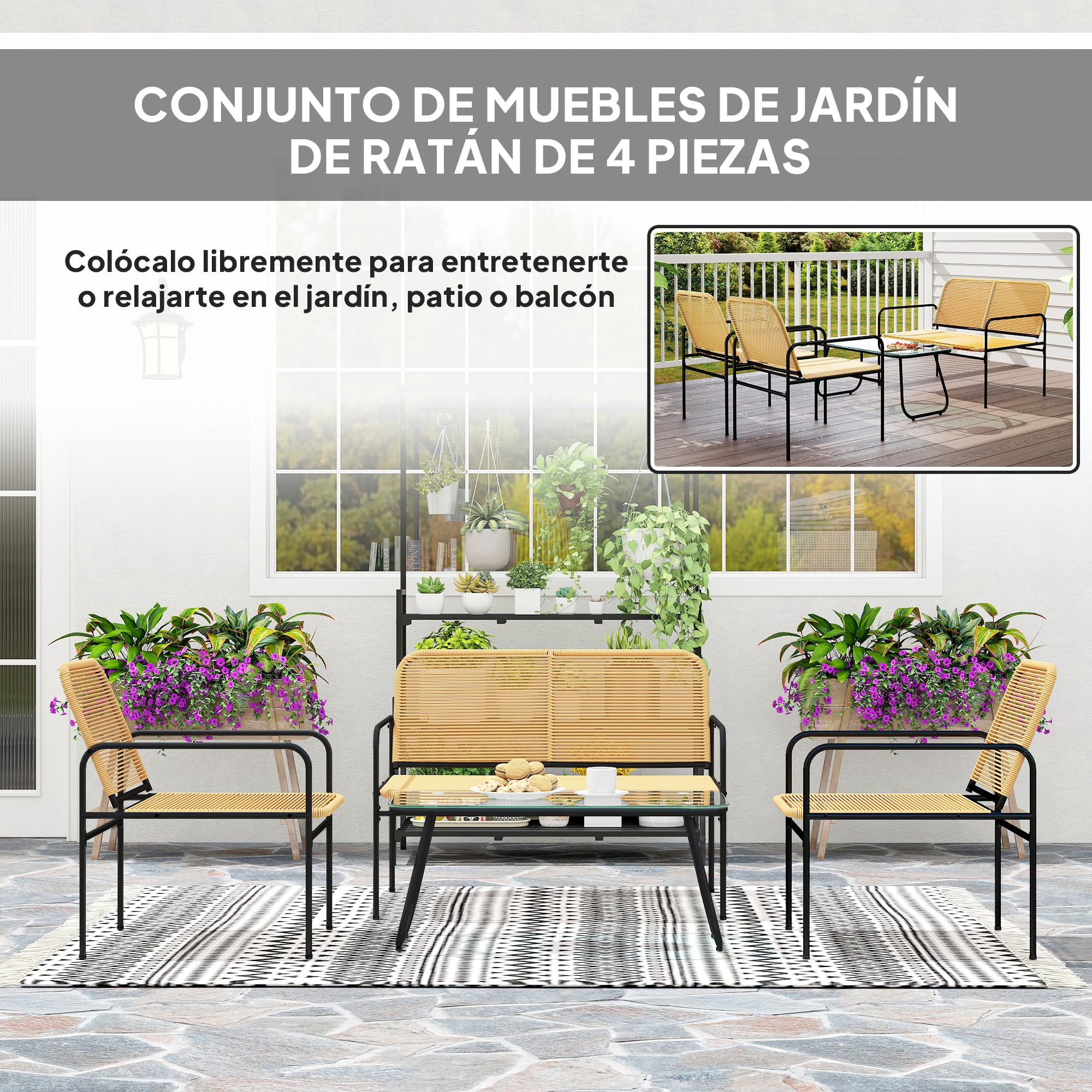 Outsunny Conjunto Jardín Exterior de Ratán, Muebles Jardín Exterior Resistentes a la Intemperie, Conjunto Terraza con Sofá de 2 Plazas, 2 Sillones, Mesa con Tablero de Vidrio Templado, Natural