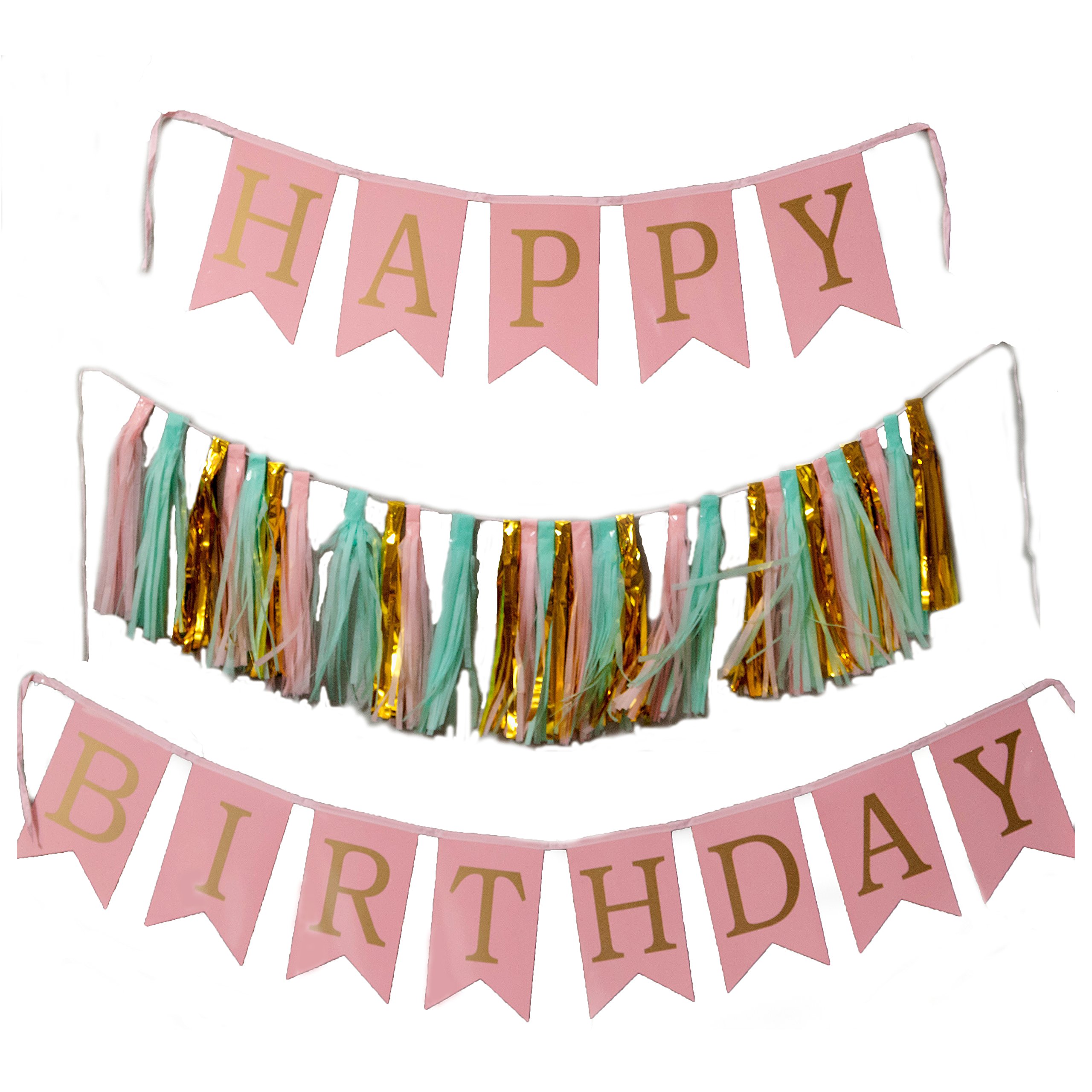 Pretty Party Pack Pink and Gold Happy Birthday and Pom Pom Tassel Banner