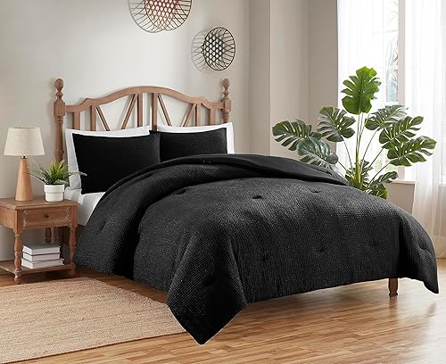 Miniatura 2 de Sweet Home Collection Juego de edredón de 3 piezas de tejido de gofre, color negro, tamaño Queen, conjunto de ropa de cama de lujo con textura