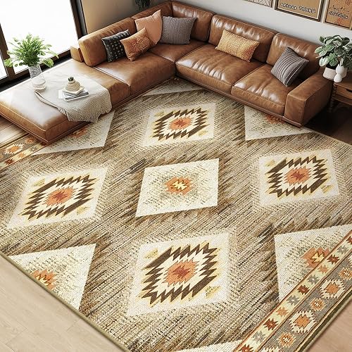 Area Rug 8x10 Rug Machine Washable Non-Slip Low Pile Print Pattern Western Rug for Living Room Bedroom Entryway Tribal Series -Cream/Camel