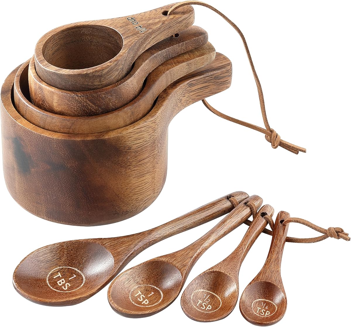8PCS Wooden Measuring Cups and Spoons Set, Kaloo Natural Solid Acacia Wood Measuring Cups for Dry and Liquid Ingredients (Laser Engraved Measurements)