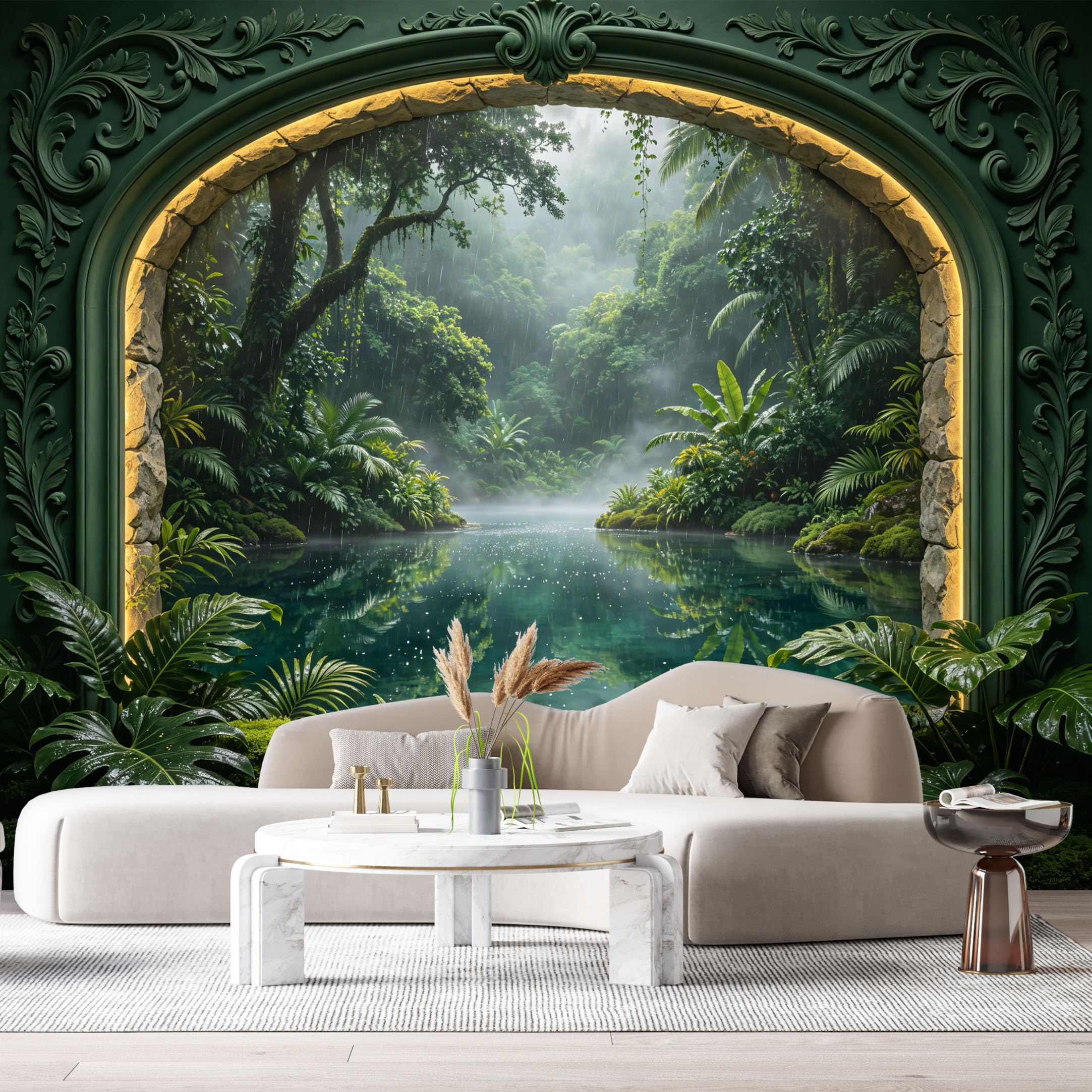 Custom Size Wall Murals Tropical Rainforest Lake Archway 3D Trompe L'Oeil SelfAdhesiveWall Fabric Removable Wallpaper Wall Decor for Living Room Bedroom Bathroom