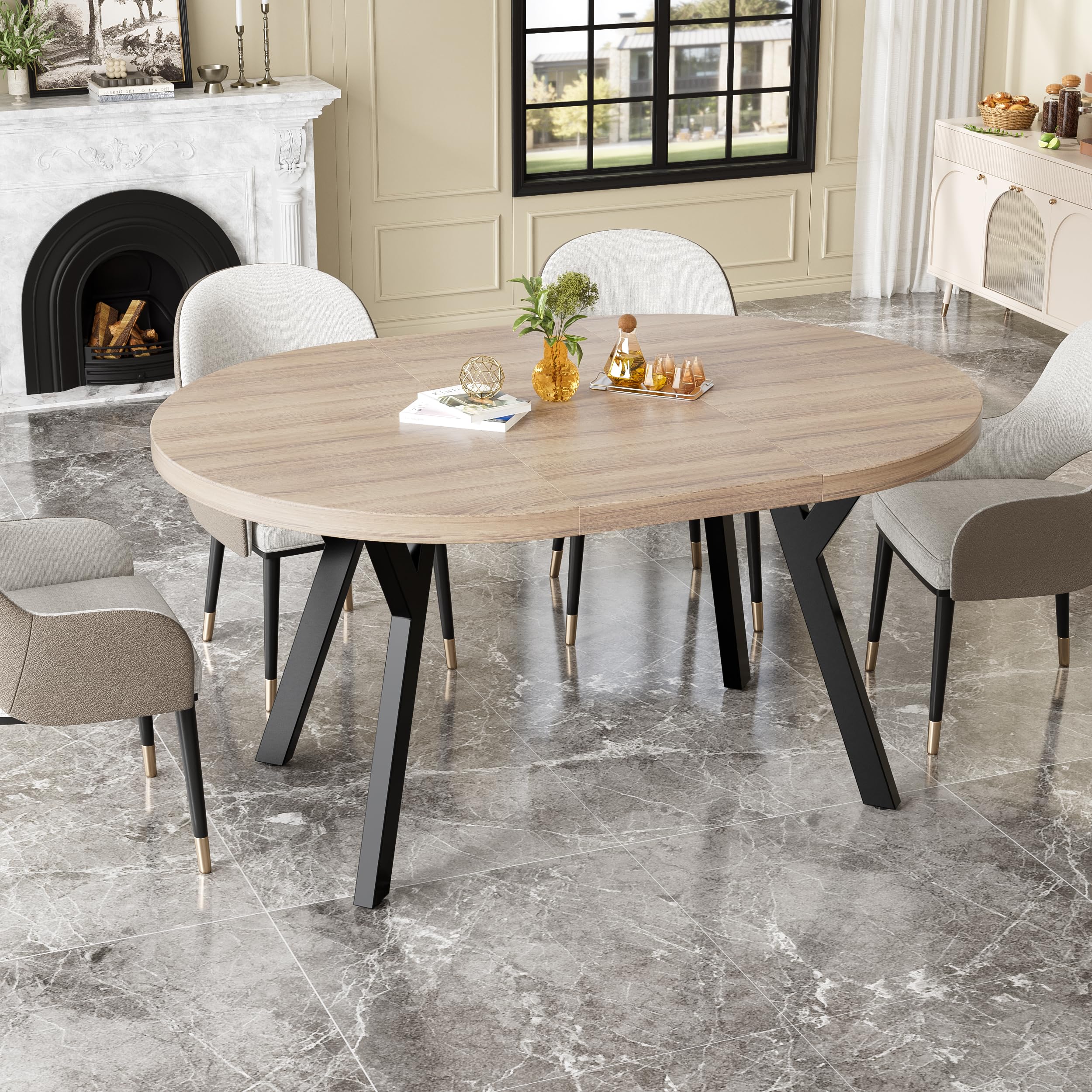 MSFE Tavolo da Pranzo, Tavolo Rotondo Allungabile per 4-6 Persone, 100-140 cm, Tavolo da Cucina con Gambe a Croce in Acciaio e Piano in Legno per spazi multifunzionali