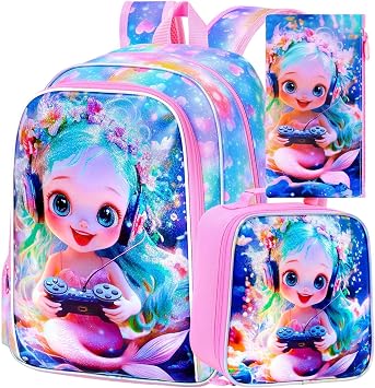 KLFVB 3PCS Mermaid Bookbag for Girls, Water Resistant Kids School Bag with Lunch Box, 16" Preschool Backpack for Elementary - Pink Mermaid Play Game