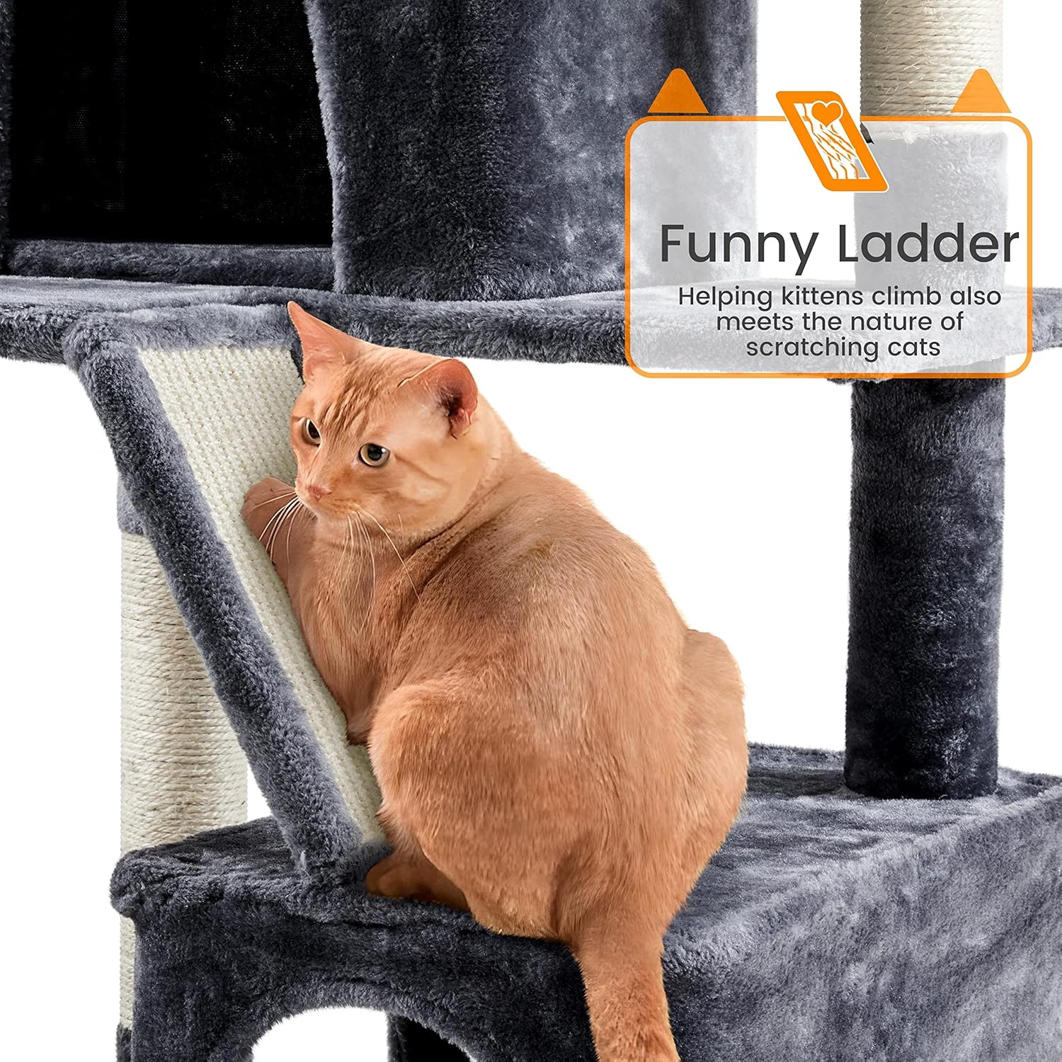 A cat climbing the ladder of the cat tree, demonstrating its use as both a climbing aid and scratching surface.