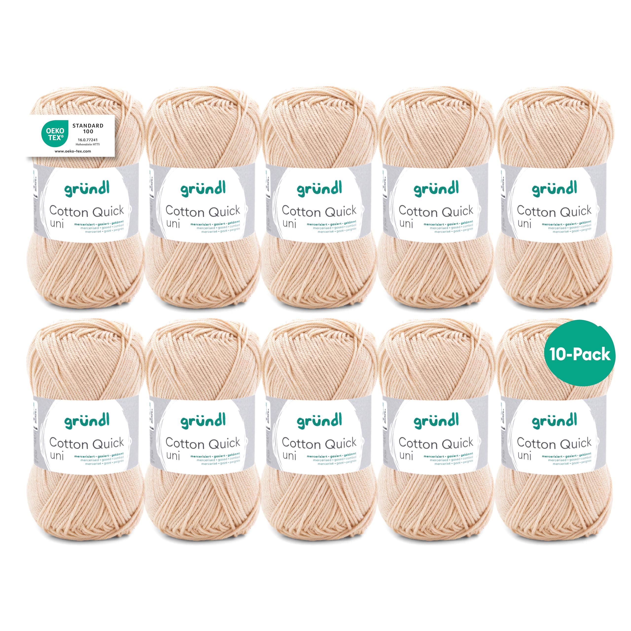 Gründl Wolle Cotton Quick uni - dünne Wolle zum Häkeln - Strickgarn - Häkelgarn - Glänzend und hautfreundlich - 100% Baumwolle - 10 Knäuel 50 g / 125 m - Nadelstärke 3-4 - eierschale