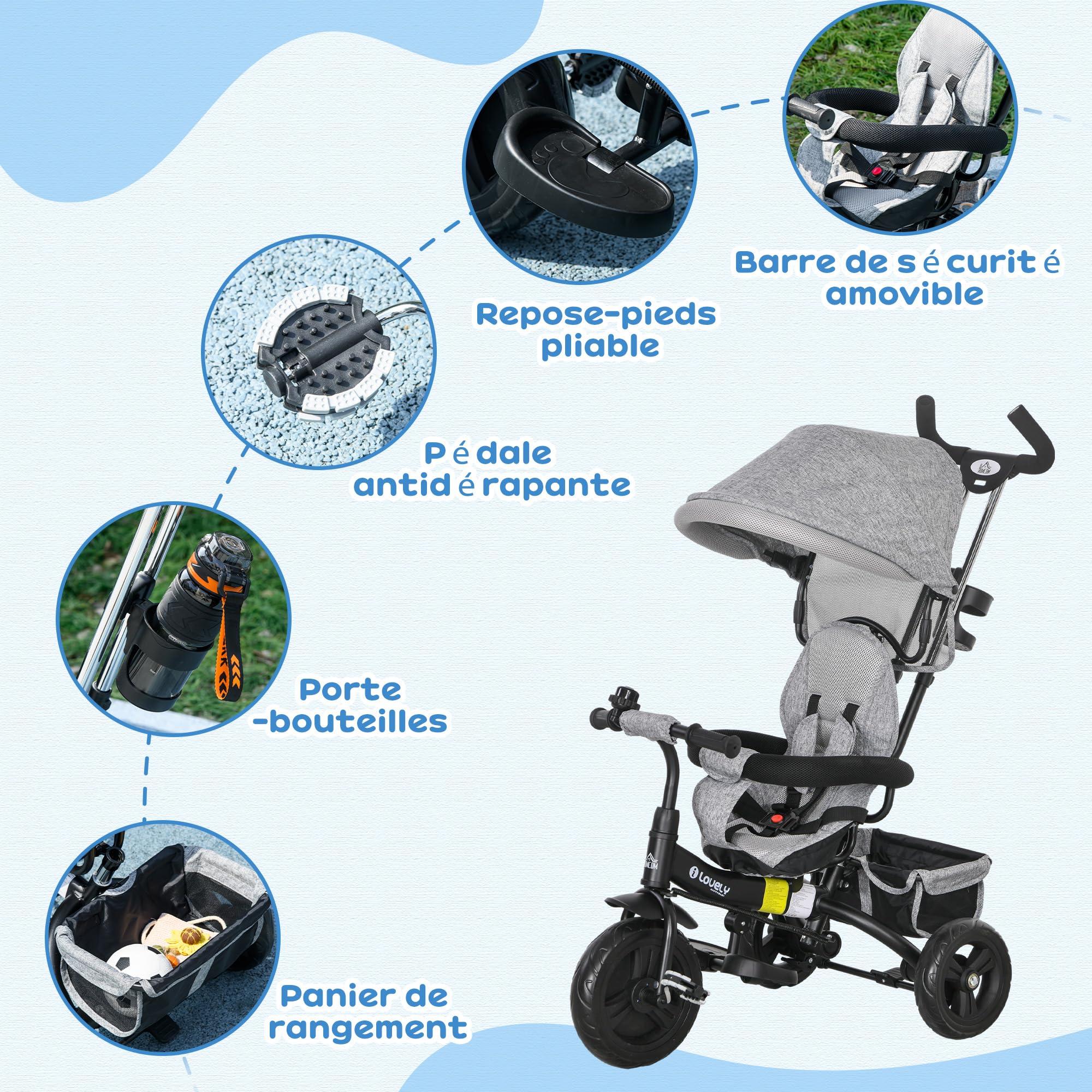 HOMCOM Tricycle bébé évolutif 6 en 1 vélo Poussette avec poignée de poussée, auvent Amovible, Ceinture de sécurité à 5 Points, Rangement, Repose-Pieds, Frein, pour Enfants de 1 à 5 Ans, Gris
