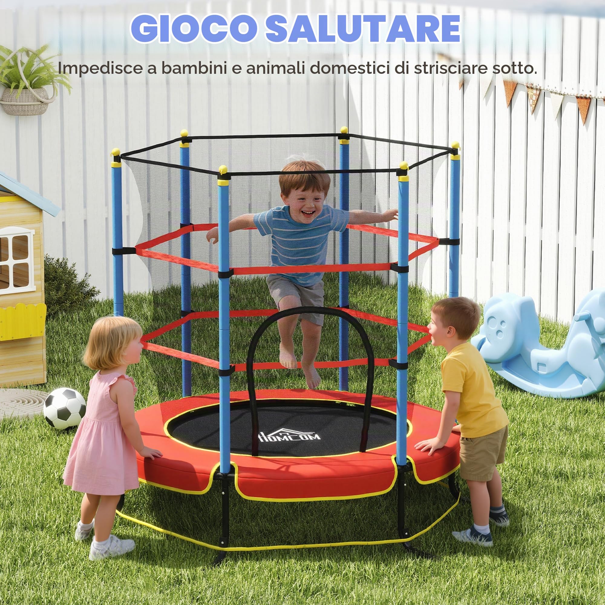 HOMCOM Trampolino Elastico per Bambini Età 3-10 Anni Ø175 x 190 cm Blu | Con Rete di Sicurezza, Tappeto Elastico, Pali Imbottiti, per Interno ed Esterno