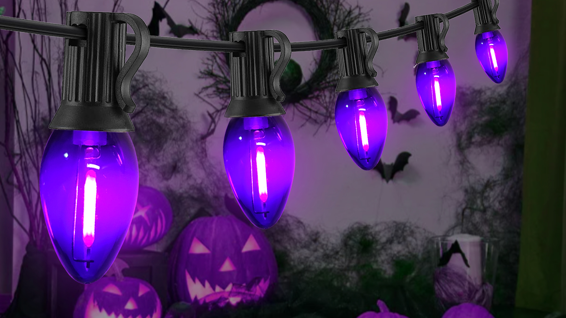 Image of 25FT C7 Purple LED String Lights, Black Wire Outdoor Halloween | IP44 Waterproof & Shatterproof, End-to-End Connectable, Perfect for Patio, Porch, Railing, Party or Holiday Decor