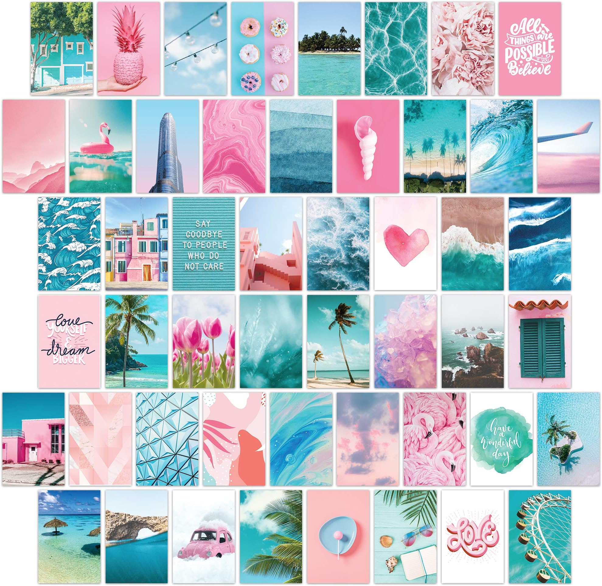 50 PCS 4 x 6 Wall Collage Kit With Adhesive Stickers, Pink and Turquoise Photo Collage Kit , Aesthetic , Collage Kit , Photo Collage Kit for Wall Aesthetic , Photo Wall Collage Kit , Aesthetic , Collage Kit