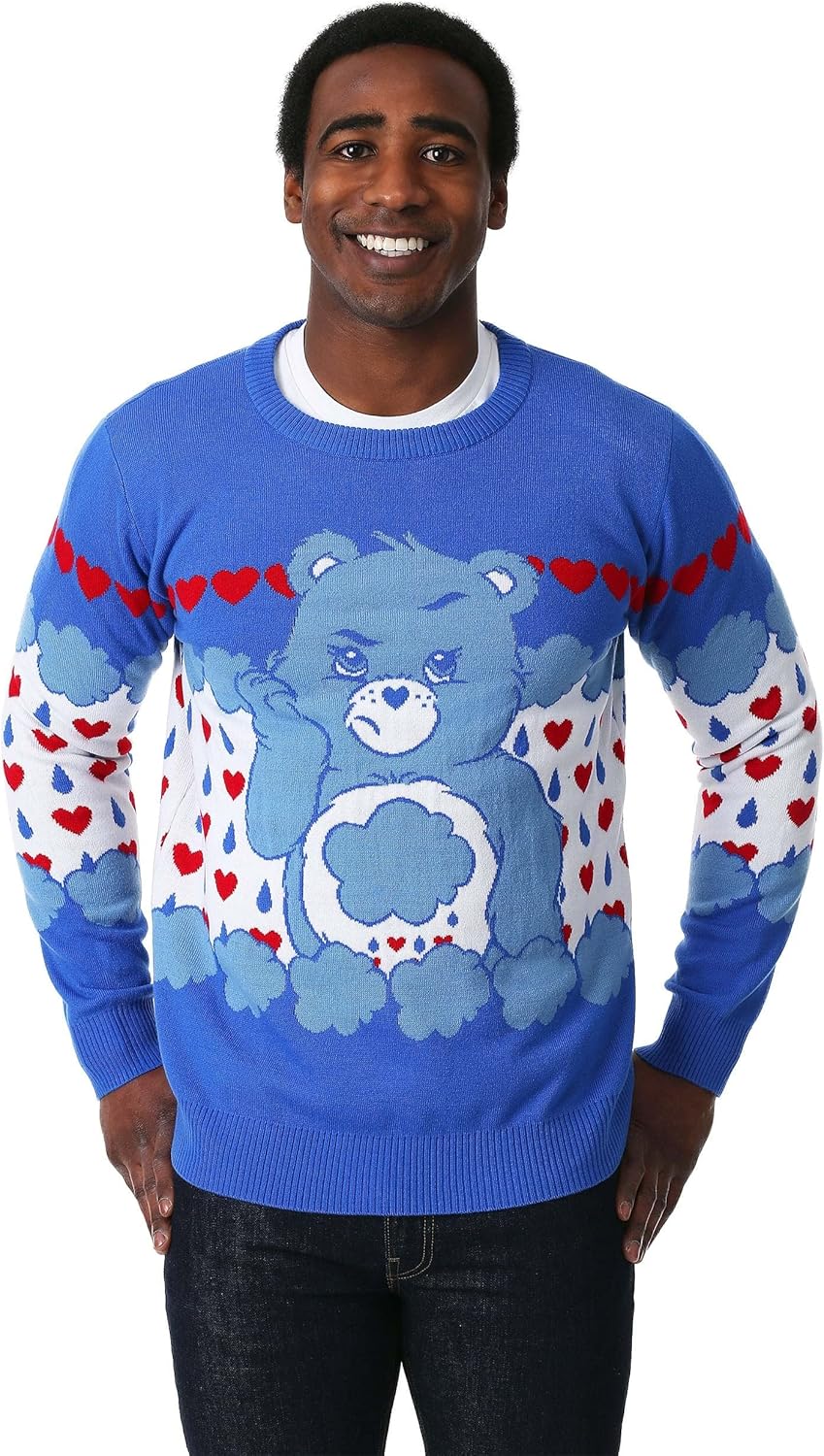 Grumpy Bear Adult Care Bears Ugly Christmas Sweater - Blue Knitted Design with Crew Neck - Officially Licensed